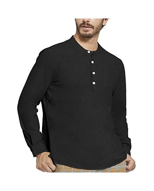 Men' s Casual Long Sleeve Shirt Henley Cotton V Neck Blouse Tops