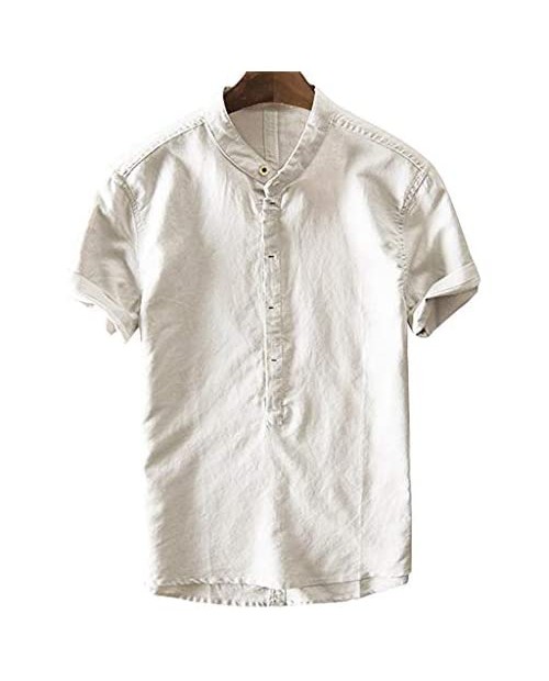 Men's Casual Linen Henley Shirt - Beach Hippie Shirts Button Up Solid Color Pullover Top Summer Blouse -5 Colors