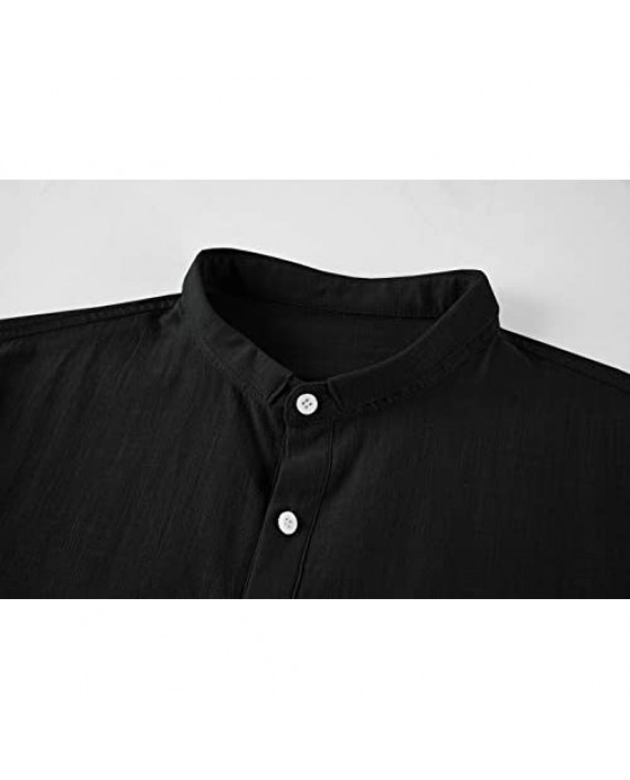 Men's Cotton Linen Henley Shirt Long Sleeve Casual T Shirt Lightweight Summer Solid Beach Yoga Tops Black