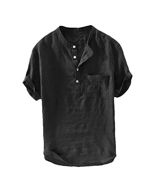Men's Henley Pocket Shirt Linen Cotton Short Sleeve Lightweight Beach Tops Loose Fit Tees Black