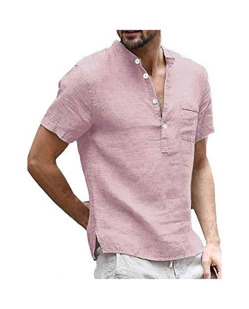 Mens Linen Henley Shirt Short Sleeve Banded Collar Casual Summer Beach Lightweight Plain Tee Tops