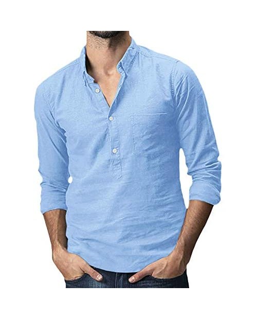 Men's Long Sleeve Henley Shirt Cotton Linen Loose Casual Hippie Tee Lightweight Summer Solid Beach Yoga Tops Blue