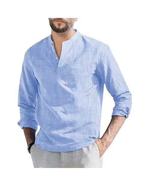 Mens Long Sleeve Henley Shirt Linen Cotton Loose Fit Summer Casual Beach T-Shirts Tops