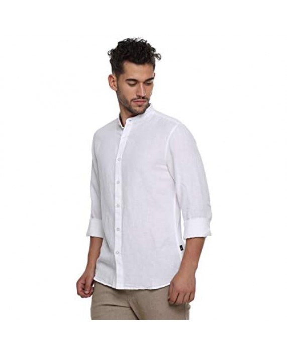 Men's Premium Cotton Linen Slim-fit Full Sleeve White Shirt Henley Neck Sleeves with Adjustable Tabs