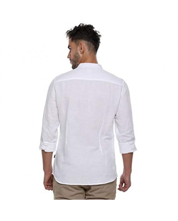 Men's Premium Cotton Linen Slim-fit Full Sleeve White Shirt Henley Neck Sleeves with Adjustable Tabs