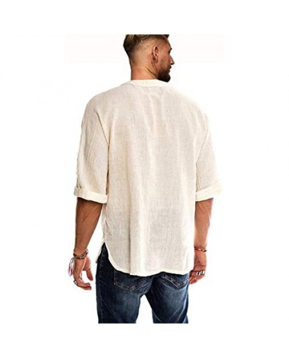 Mens V Neck Cotton Linen Henley Shirts 3/4 Sleeve Banded Collar T-Shirt Loose Fit Summer Beach Tops