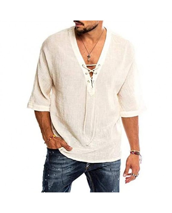 Mens V Neck Cotton Linen Henley Shirts 3/4 Sleeve Banded Collar T-Shirt Loose Fit Summer Beach Tops