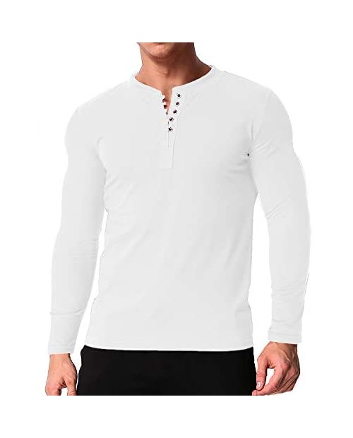MODCHOK Mens Casual Slim Fit Henley Shirt Long Sleeve V Neck Classic Button Tee Pocket