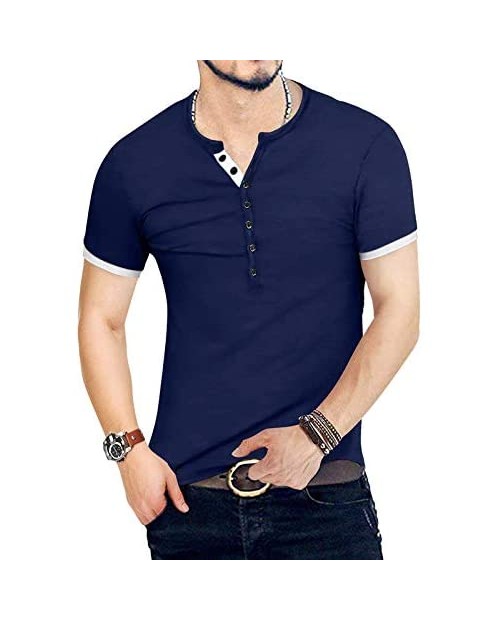 NeedBo Slim Fit Henley T-Shirts Short Sleeve Cotton Basic Shirts with Buttons Navy S