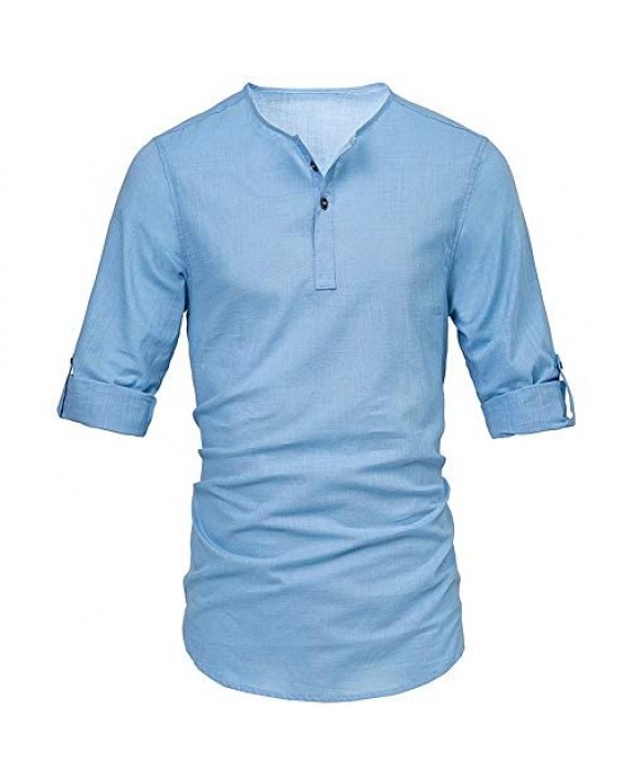 THWEI Mens Linen Henley Shirt Loose Fit Roll Up Long Sleeve Casual Solid T-Shirt