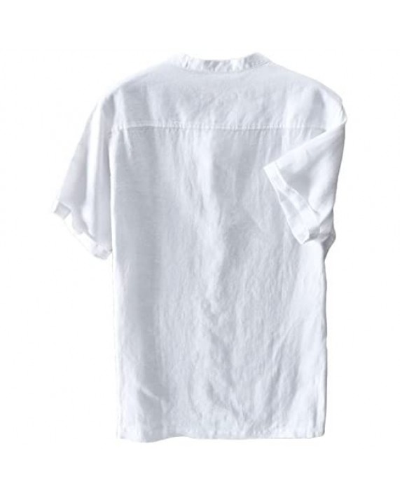 utcoco Man's Retro Round Collar Frog-Button Straight Fit Short Sleeve Linen Henley Shirts