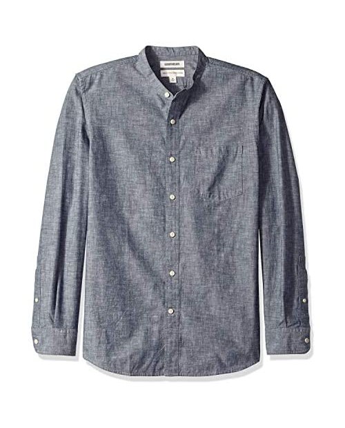  Brand - Goodthreads Men's Standard-Fit Long-Sleeve Band-Collar Chambray Shirt