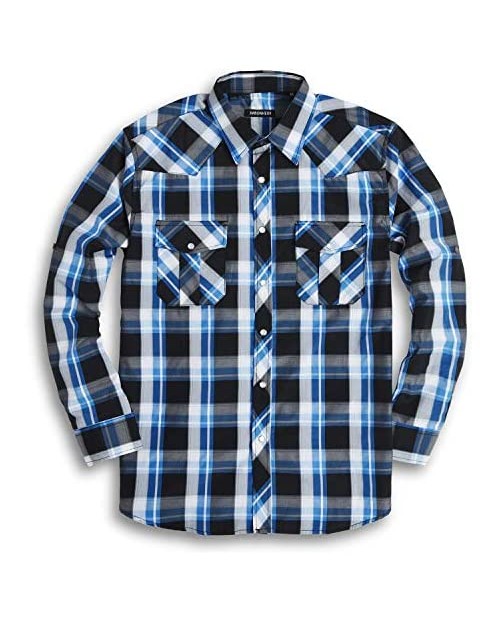 JMBONHEUR Western Shirts for Men - Men's Cowboy Pearl Snap Buttons Plaid 2 Pockets Long Sleeve Casual Shirt
