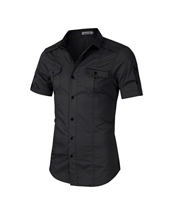 KUULEE Men's Tactical Cargo Work Shirt Military Casual Slim Fit Long Sleeve Shirts Tops