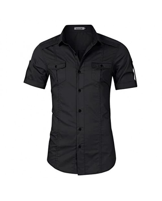 KUULEE Men's Tactical Cargo Work Shirt Military Casual Slim Fit Long Sleeve Shirts Tops