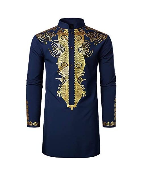 LucMatton Men's African Traditional Dashiki Luxury Metallic Gold Printed Mid Long Wedding Shirt