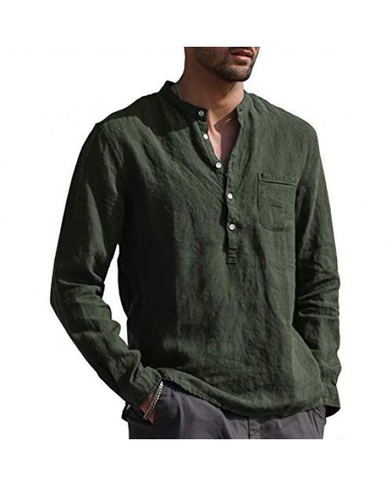 URRU Men's Linen Cotton Blend Henley Shirt Roll-up Long Sleeve Basic Summer Vintage Shirt Band Collar Plain Tee S-XXL
