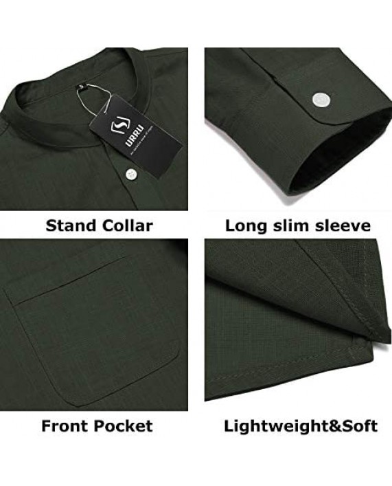 URRU Men's Linen Cotton Blend Henley Shirt Roll-up Long Sleeve Basic Summer Vintage Shirt Band Collar Plain Tee S-XXL