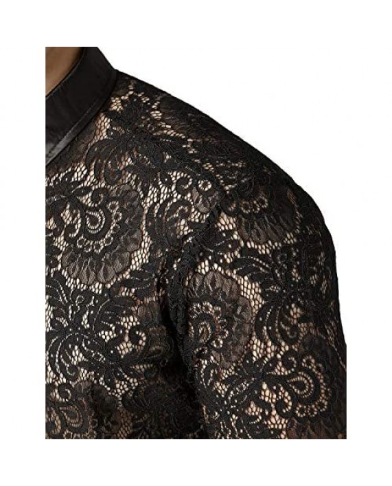 ZEROYAA Mens Night Club Style Mesh See Through Long Sleeve Button Down Sexy Lace Floral Dress Shirts