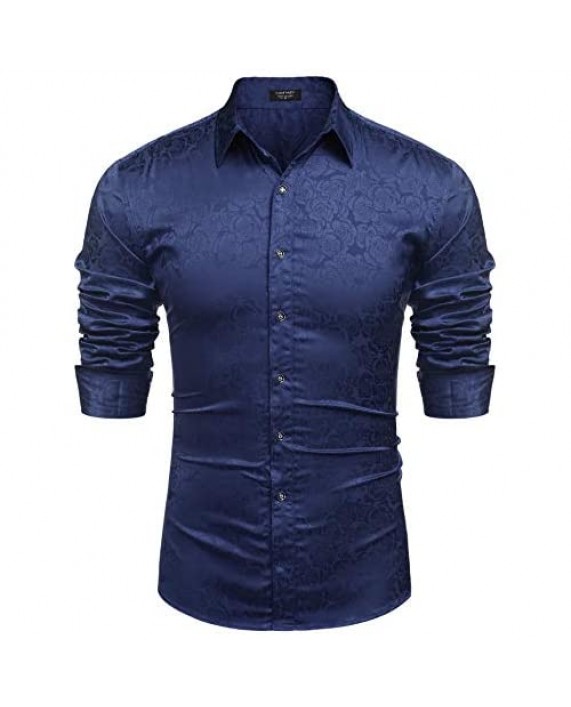 COOFANDY Men's Floral Print Long Sleeve Dress Shirt Luxury Shiny Satin Silk Like Dance Prom Button Down Shirt