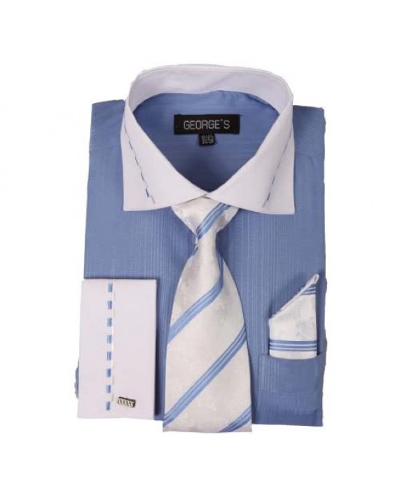 George's Mens Two-Tone Fashion Dress Shirts w/Matching Tie Hanky & French Cuffs