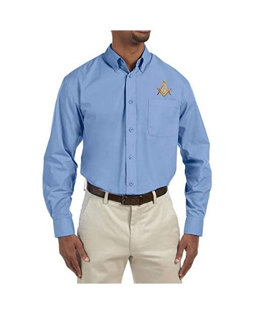 Gold Square & Compass Embroidered Masonic Men's Poplin Button Down Dress Shirt