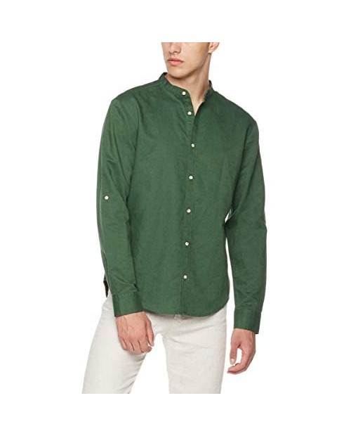 Isle Bay Linens Men's Slim-Fit Linen Cotton Blend Roll-up Long Sleeve Band Collar Woven Casual Shirt