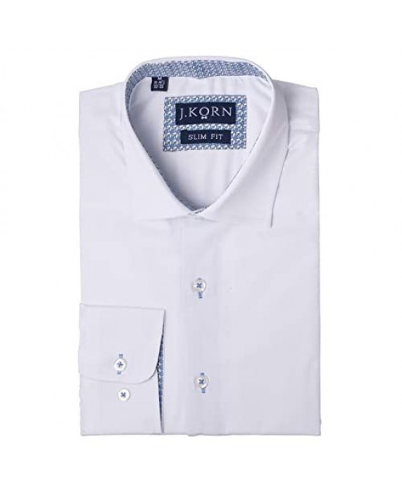 J.Korn Men's White Dress Shirt Inner Contrast Long Sleeve Men's Shirt Slim Fit White Shirt Soft Cotton Blend