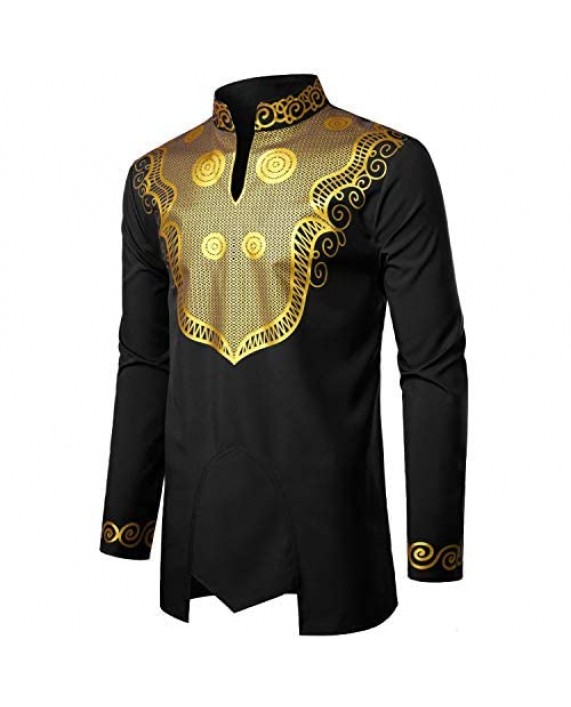 LucMatton Men's African Traditional Dashiki Luxury Metallic Gold Printed Mandarin Collar Wedding Dress Shirt