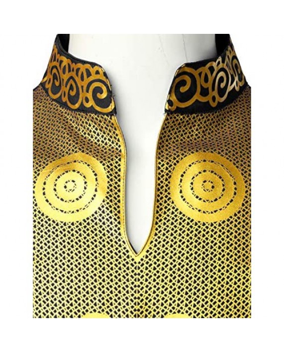 LucMatton Men's African Traditional Dashiki Luxury Metallic Gold Printed Mandarin Collar Wedding Dress Shirt