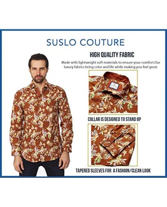 Suslo Couture Men's Floral Designer Printed Long Sleeve Casual Wrinkle-Free Party Button Down Slim Fit Dress Shirts