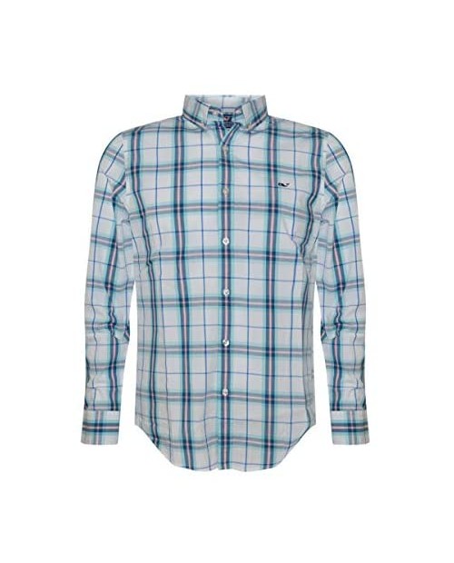 Vineyard Vines Men's Slim Fit Whale Shirt Button Down Dress Shirt (Picket Plaid/Aqua Ocean Small)