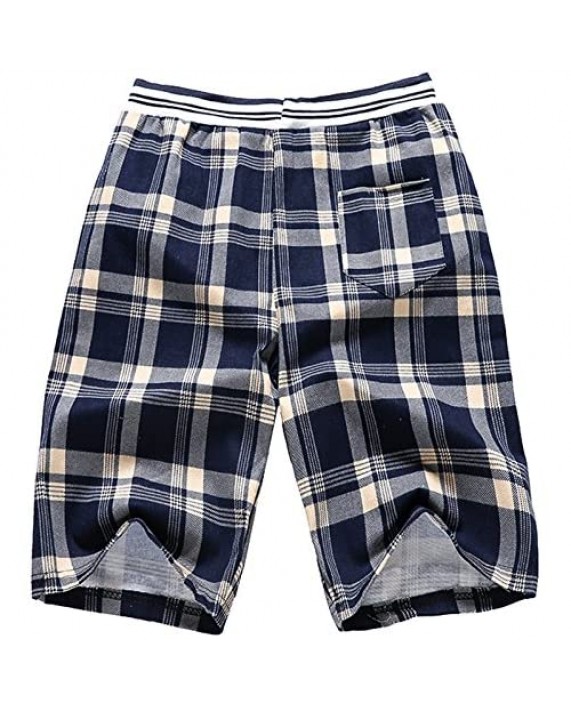 JOKHOO Men's Summer Cotton Loose Plaid Shorts (Navy XL)