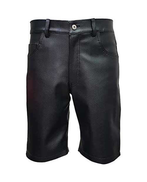 Mens Real Black PU Leather Long Leg Bermuda Shorts Lederhosen