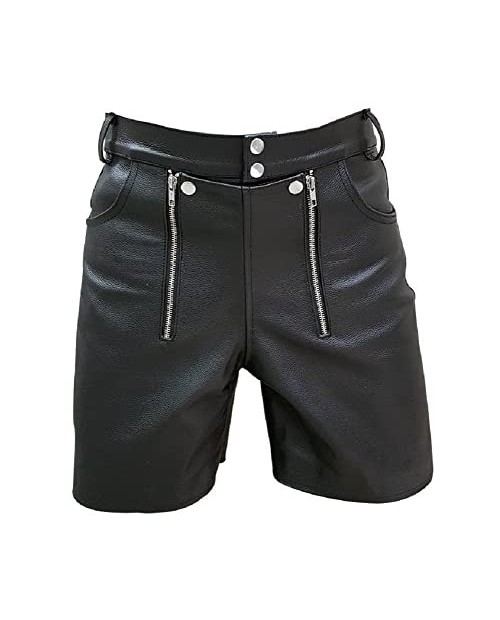 Mens Real Sexy Black PU Leather Chastity Gay Bondage Shorts with Rear Zip