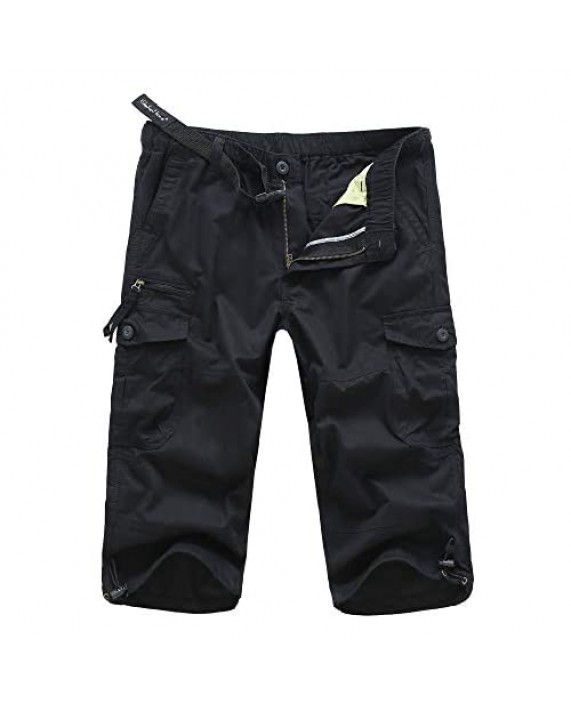 JYG Men's Twill Elastic Cargo Shorts Below Knee 3/4 Capri Pants with Belt