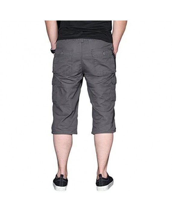 sandbank Men’s Long Shorts Elastic Waist Cargo Shorts Below Knee Capri Pants 6 Pockets