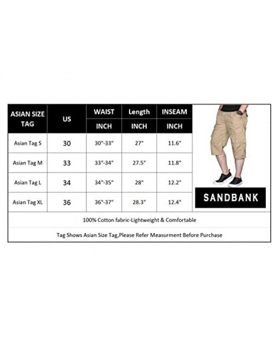 sandbank Men’s Long Shorts Elastic Waist Cargo Shorts Below Knee Capri Pants 6 Pockets