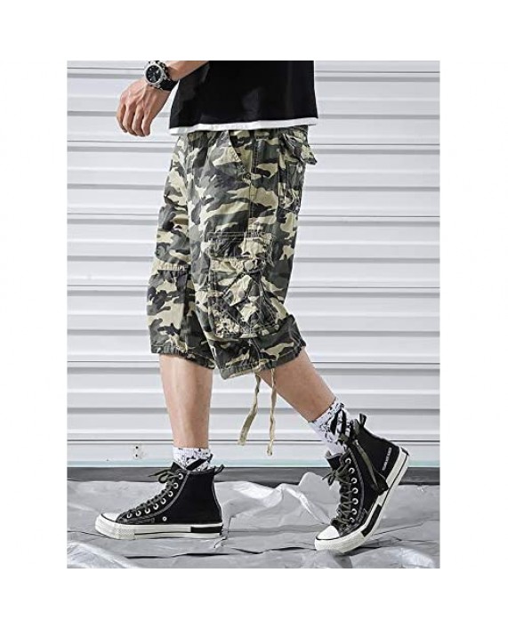 TOSKIP Men's Multi Pockets Camo Cargo Shorts Over Knee Outdoor Wear